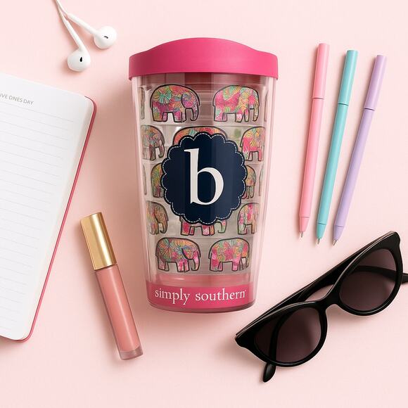 Simply Southern Tervis Tumbler 16 oz “B” Monogram Elephant Print Pink Lid - Picture 1 of 9
